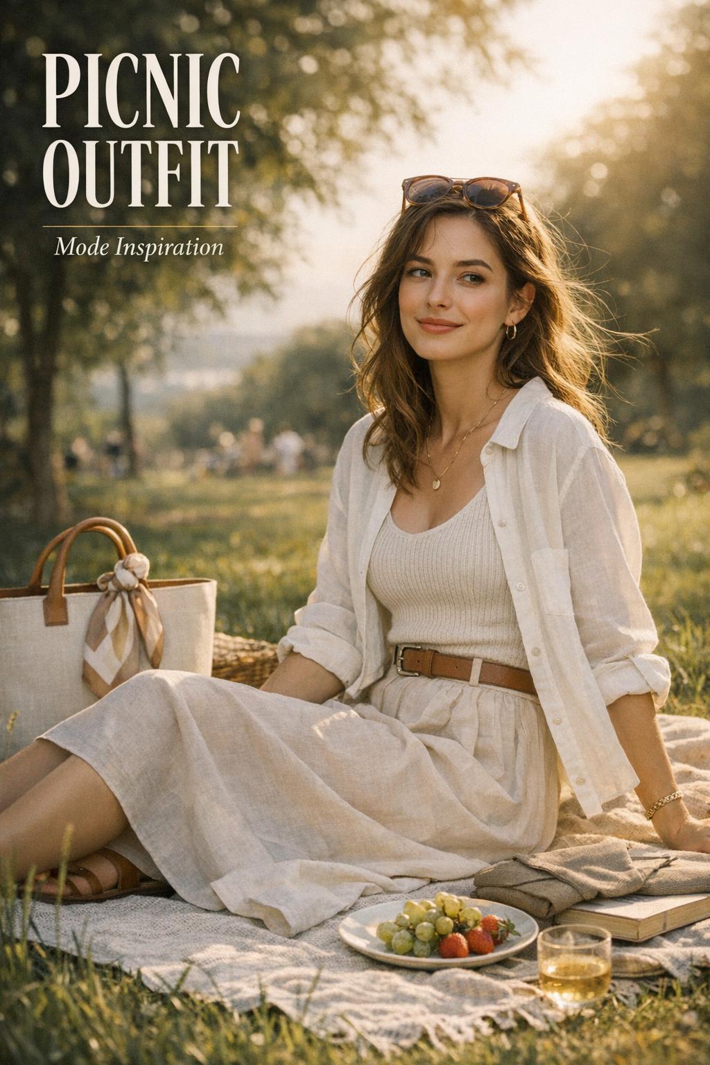 Woman in a chic picnic outfit sitting on a linen blanket in a sunlit city park with basket, fruit, and tote bag