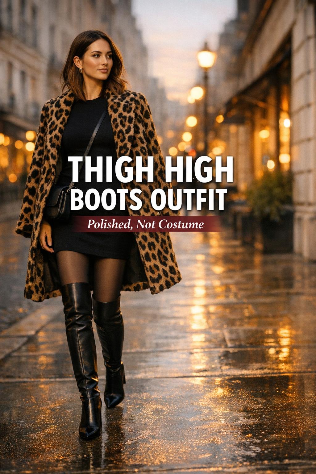 Thigh high boots outfit with a stylish woman in black dress and coat walking a warm golden-hour city street at dusk