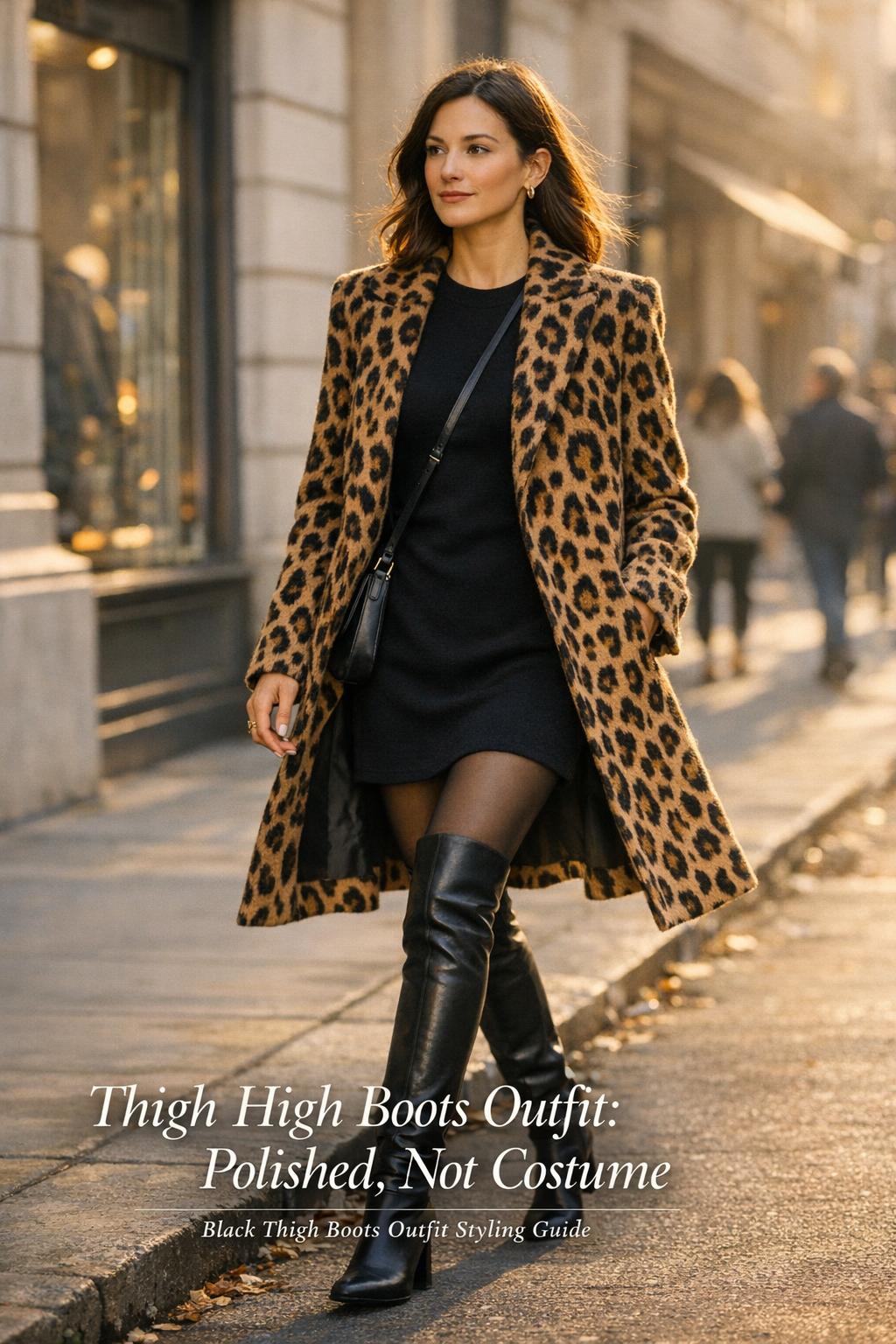 Thigh high boots outfit street style look with black mini dress and tailored coat in a golden hour city scene