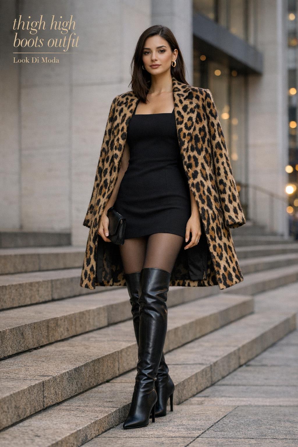 Thigh high boots outfit in chic city evening style on stone steps, black mini dress and structured coat with elegant text.