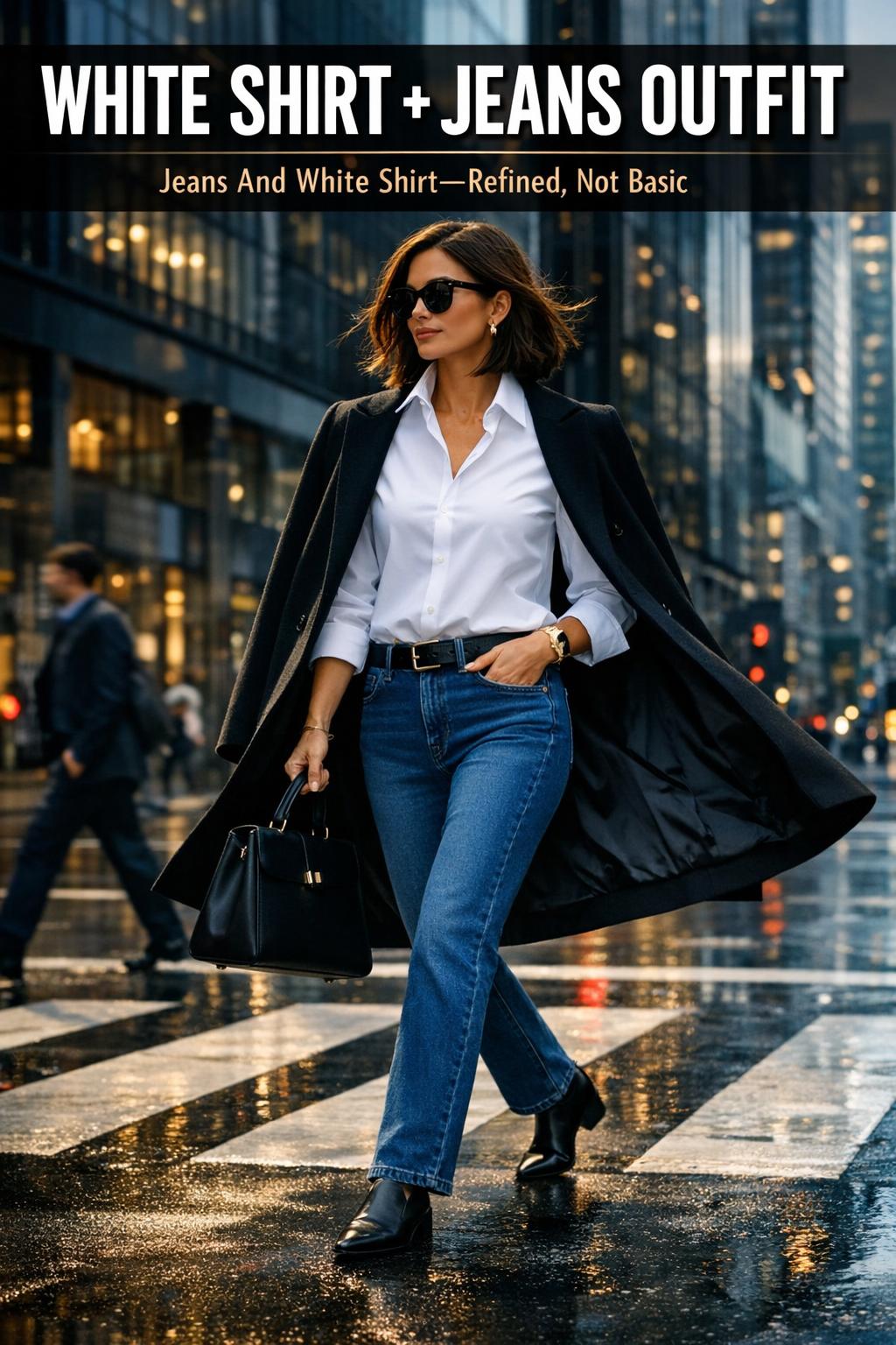 White shirt and jeans outfit styled for a casual, timeless street look
