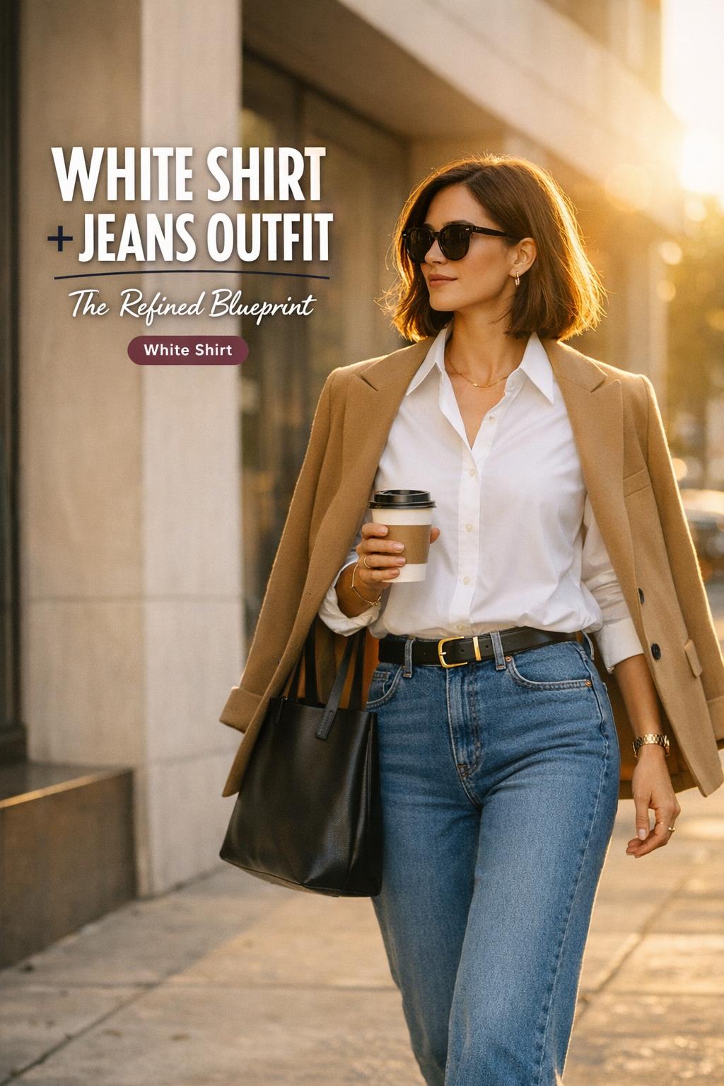 Woman walking on city sidewalk in warm light wearing a white shirt and jeans outfit with coffee and tote