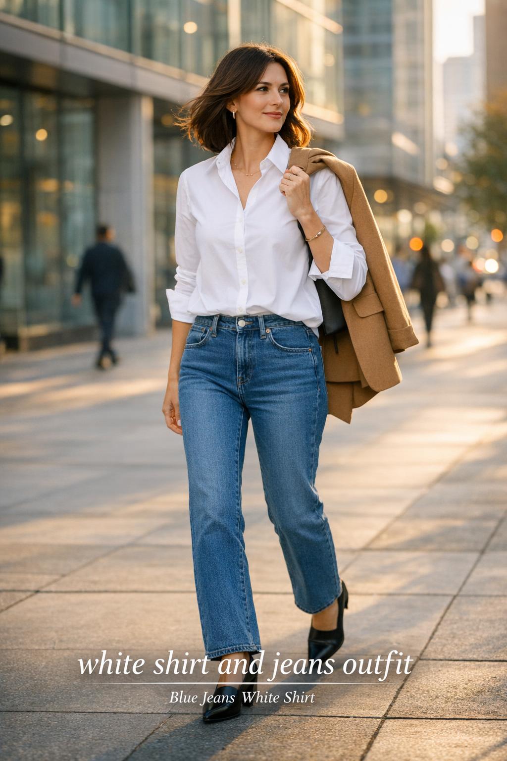 White shirt and jeans outfit on stylish woman walking by glass office buildings at golden hour in a modern city street-style photo