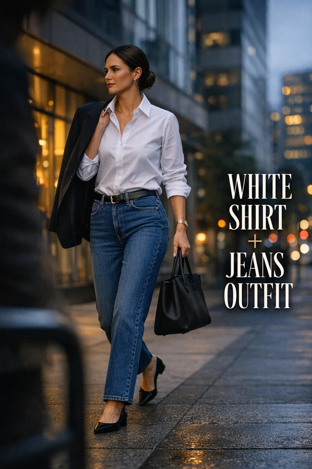 White shirt and jeans outfit on a minimalist city street at dusk, woman in blazer with tote walking past glass buildings