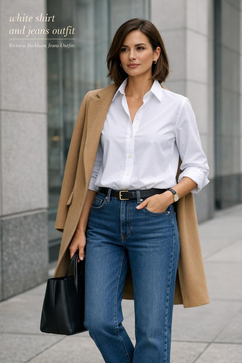 White shirt and jeans outfit on a stylish woman in a modern city sidewalk, minimalist editorial look