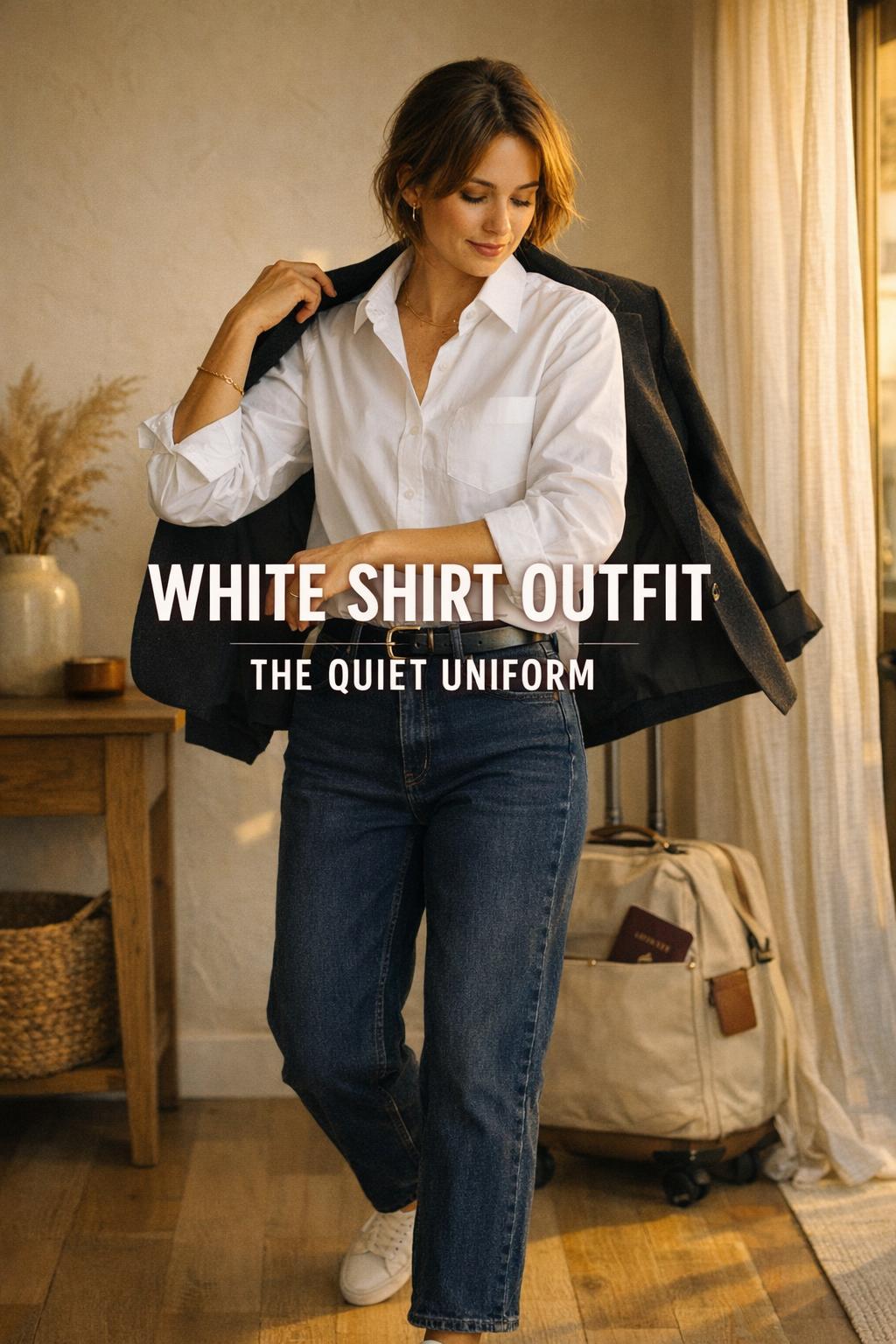 White shirt outfit in warm golden-hour entryway, woman adjusting cuff in minimalist European apartment with travel tote