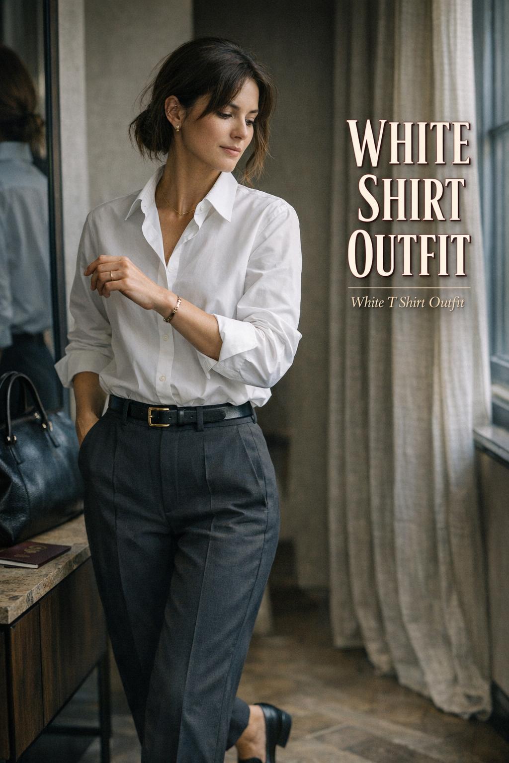 White shirt outfit with stylish woman adjusting cuff by window in modern European boutique hotel interior
