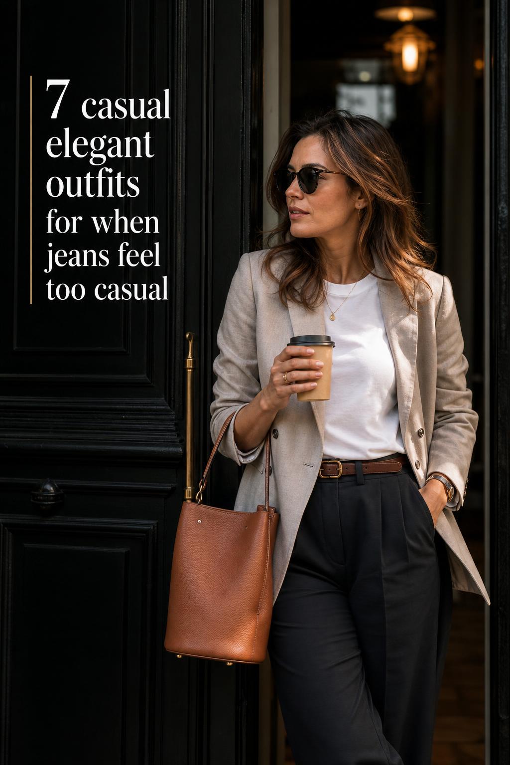 7 Casual Elegant Outfits When Jeans Feel Too Casual Woman in blazer and white tee on a city street with text overlay about casual elegant outfits