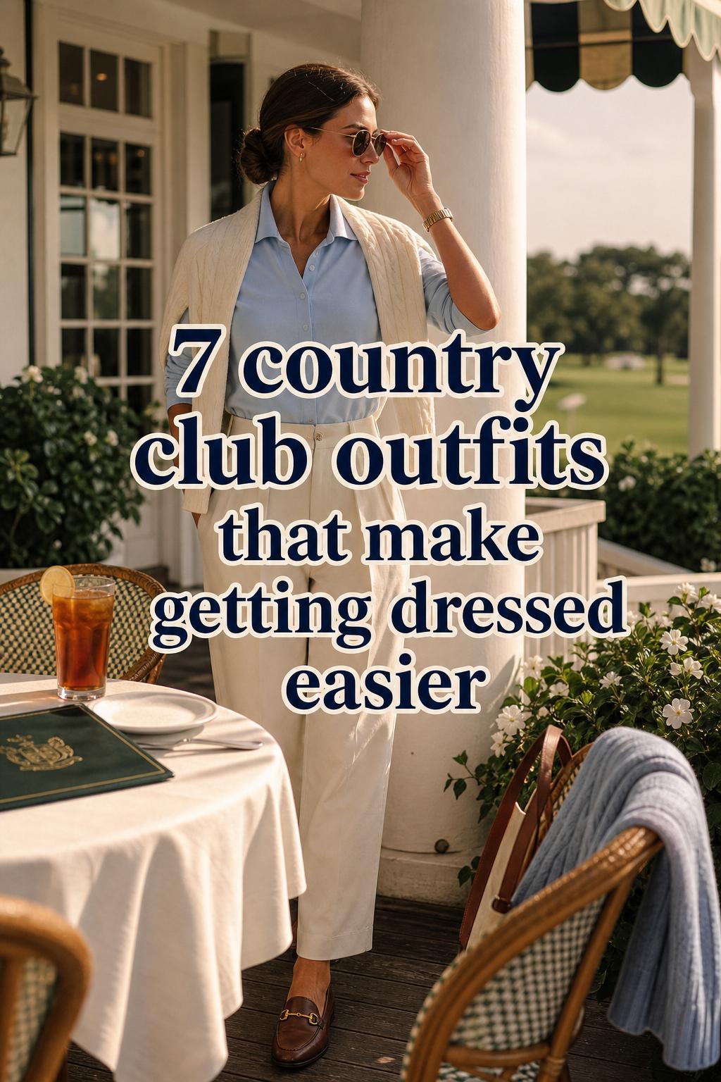 Adult on a golden-hour clubhouse veranda wearing polished country club outfits with a navy blazer, loafers, and iced tea