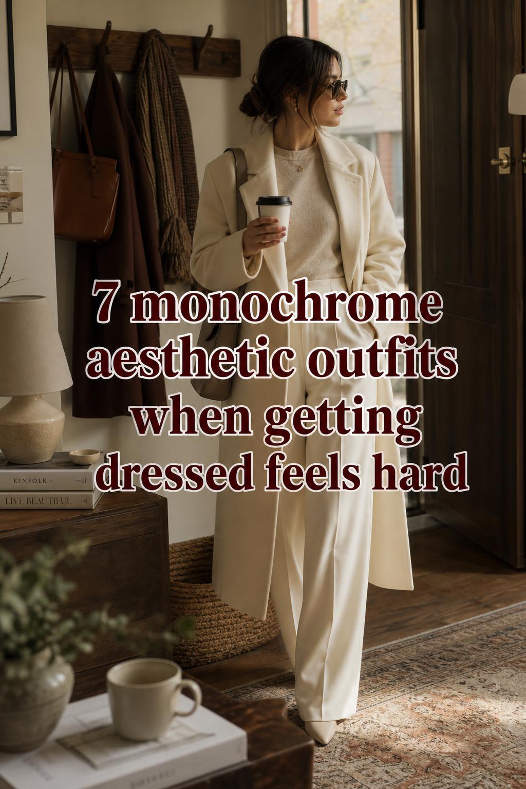 7 Monochrome Aesthetic Outfits When Dressing Feels Hard Woman in warm urban home scene wearing monochrome aesthetic outfits with coat and boots, Pinterest text overlay for styling ideas.