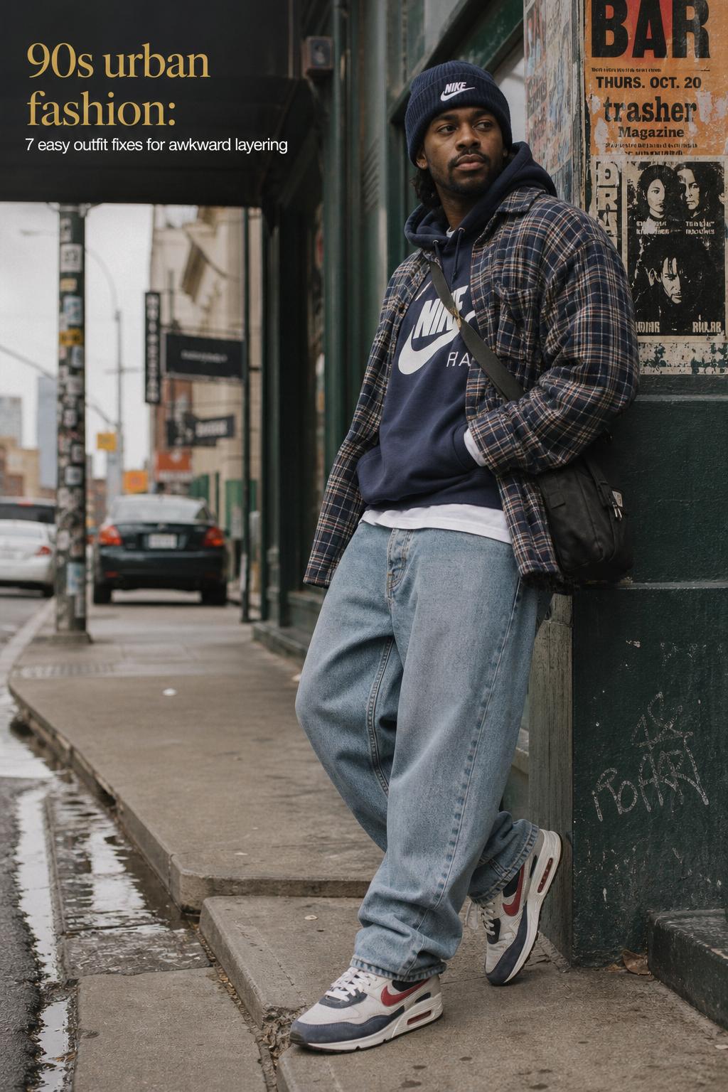90s urban fashion street style editorial cover with adult in baggy jeans, flannel layer, Nike Air Max on a city sidewalk