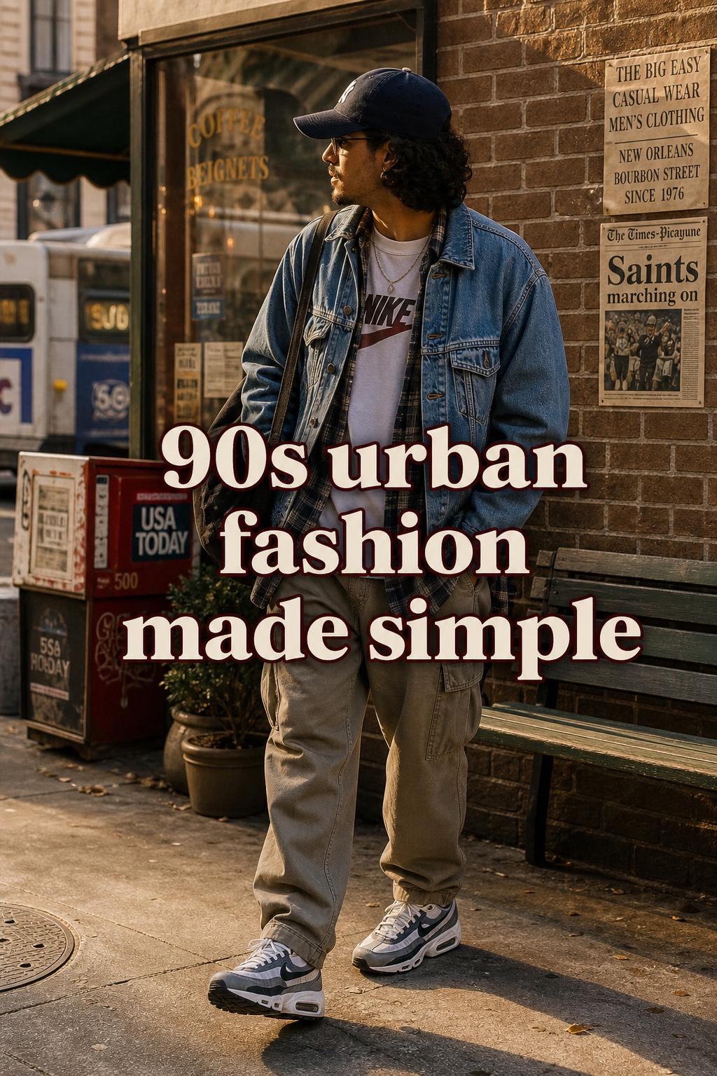 90s urban fashion street style with adult in oversized denim jacket and baggy pants walking past a brick storefront at golden hour