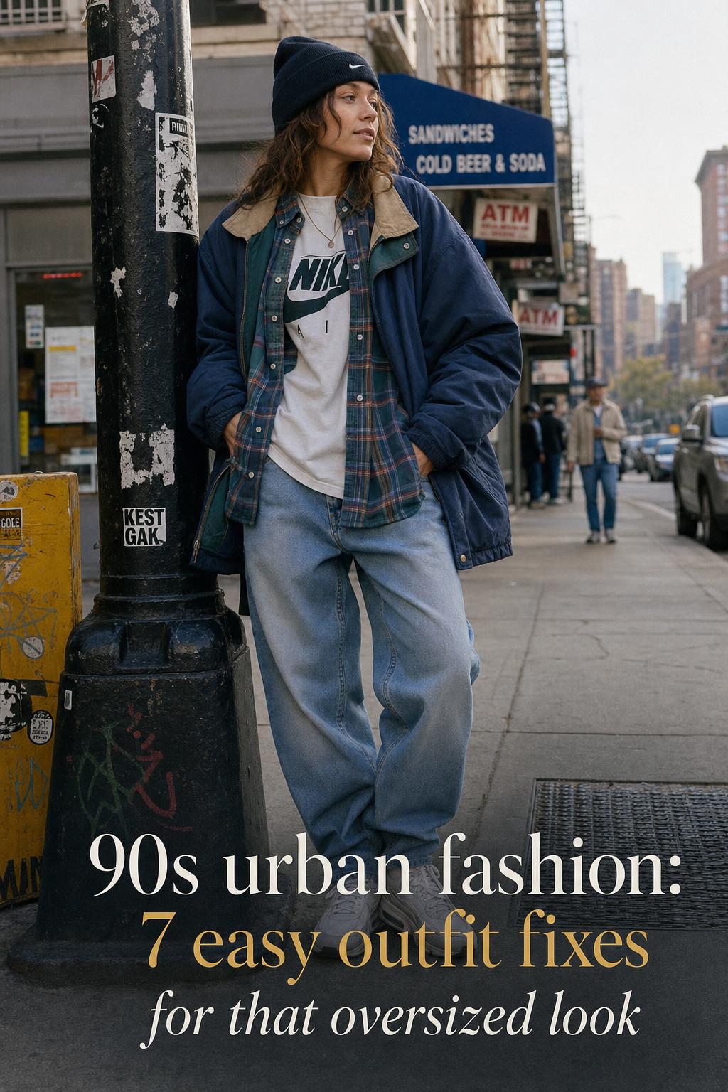 90s urban fashion street style on a city sidewalk with oversized jacket, baggy pants, vintage logo tee and Air Max sneakers