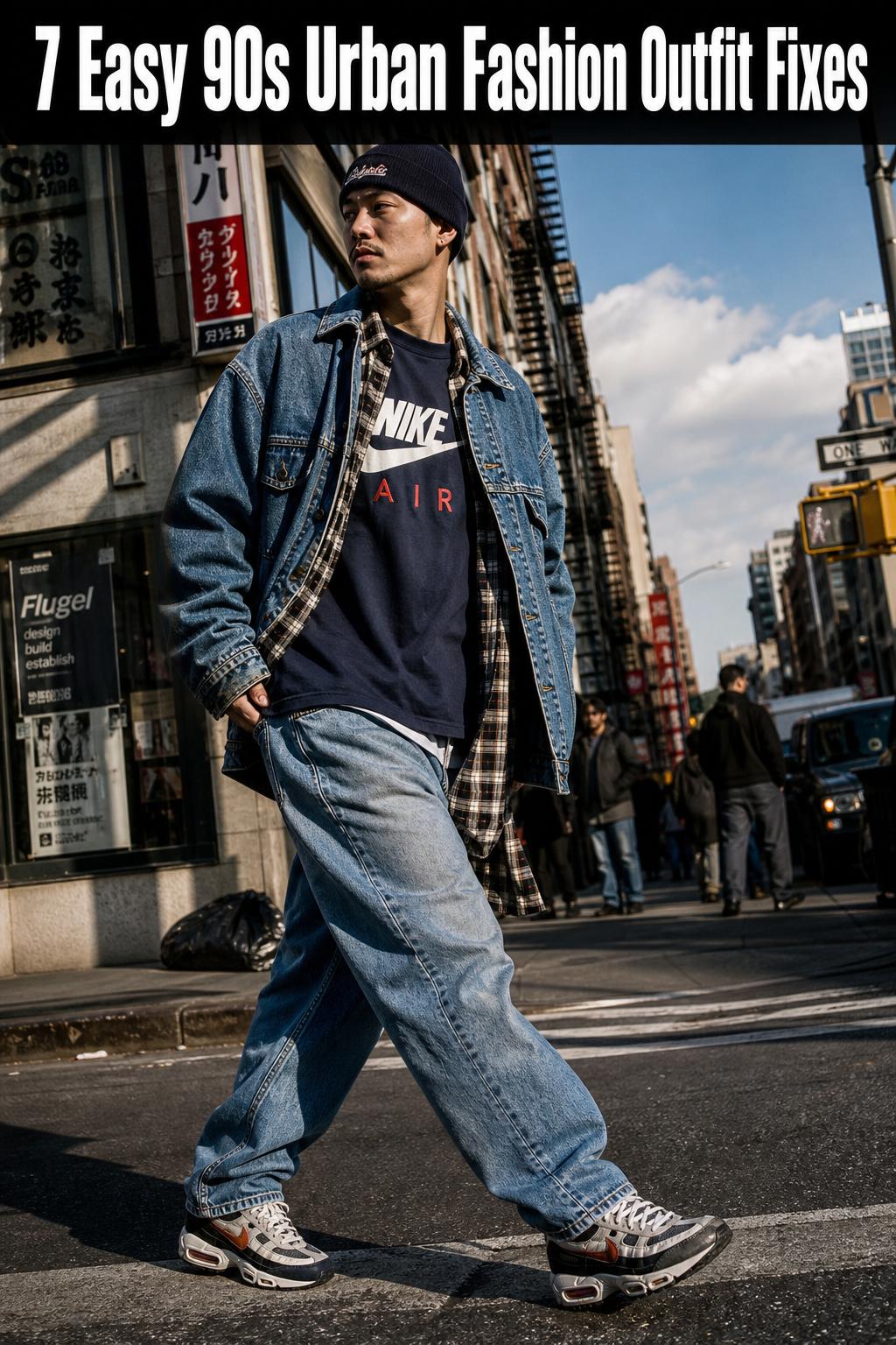90s urban fashion street style with baggy jeans, oversized jacket, and sneakers in a city setting
