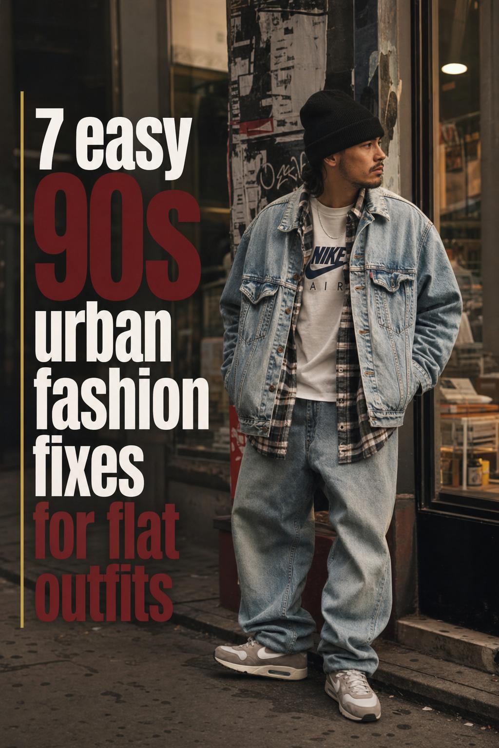90s urban fashion street-style photo of an adult in denim jacket, flannel layers and Air Max on a moody city sidewalk