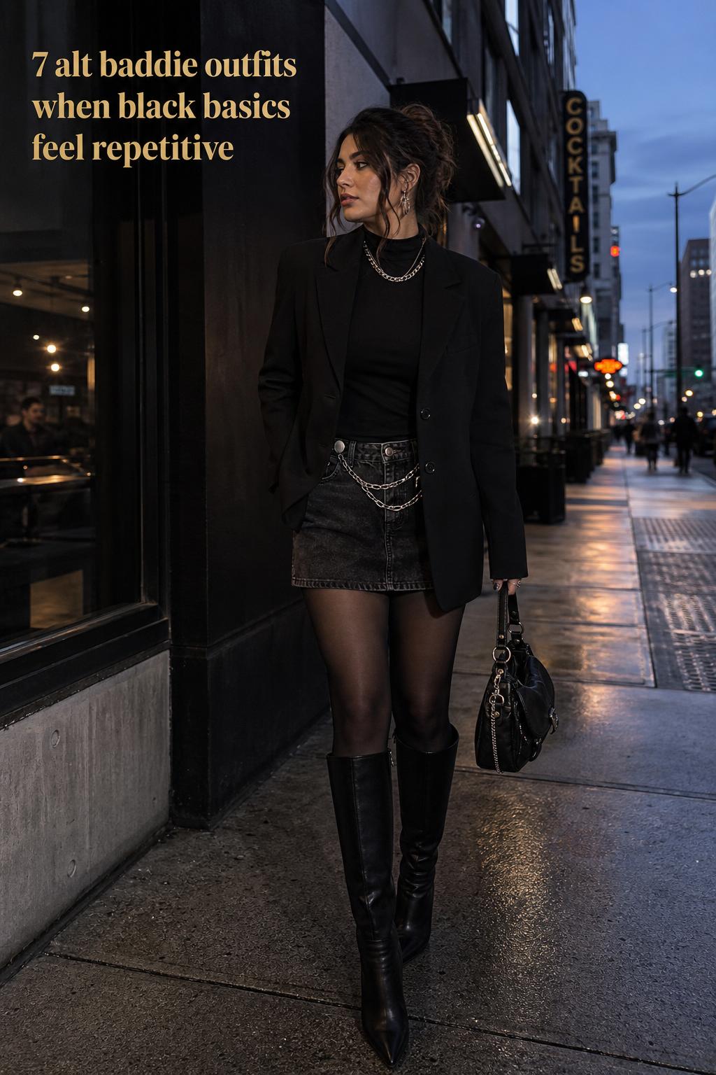 Alt Baddie Outfits: Black Basics Street Style Alt baddie outfits street style with black blazer, mini skirt, opaque tights and chunky boots in an urban blue-hour setting