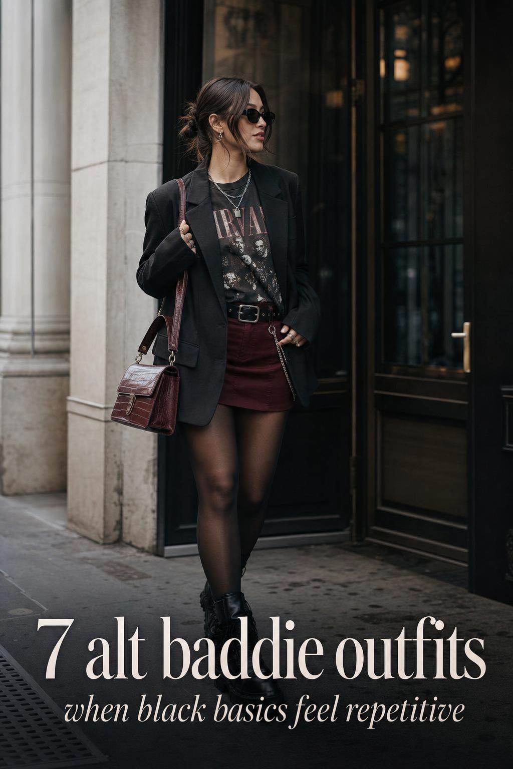 Alt Baddie Outfits in Black and Burgundy Alt baddie outfits street style with black and burgundy layers, blazer, tights, and chunky boots on a city sidewalk