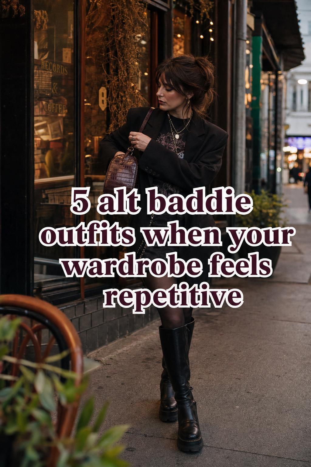 Alt Baddie Outfits Street Style at Golden Hour Alt baddie outfits street style: woman in black and burgundy blazer outside a city café at golden hour with text overlay