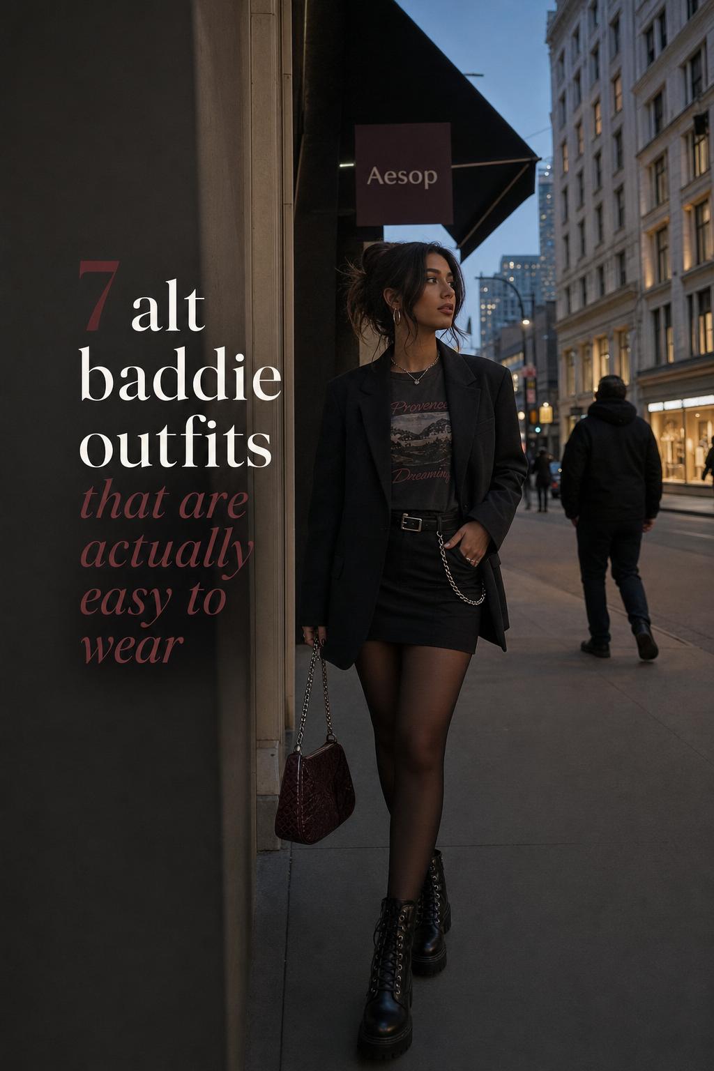 Alt baddie outfits in a moody city street edit Alt baddie outfits street style at blue hour with blazer, mini skirt, tights, combat boots, and burgundy accent