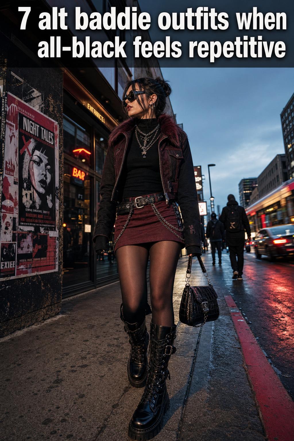 Alt Baddie Outfits Street Style Night Look Confident model in alt baddie outfits posing on a city street at night, bold makeup and edgy layered accessories