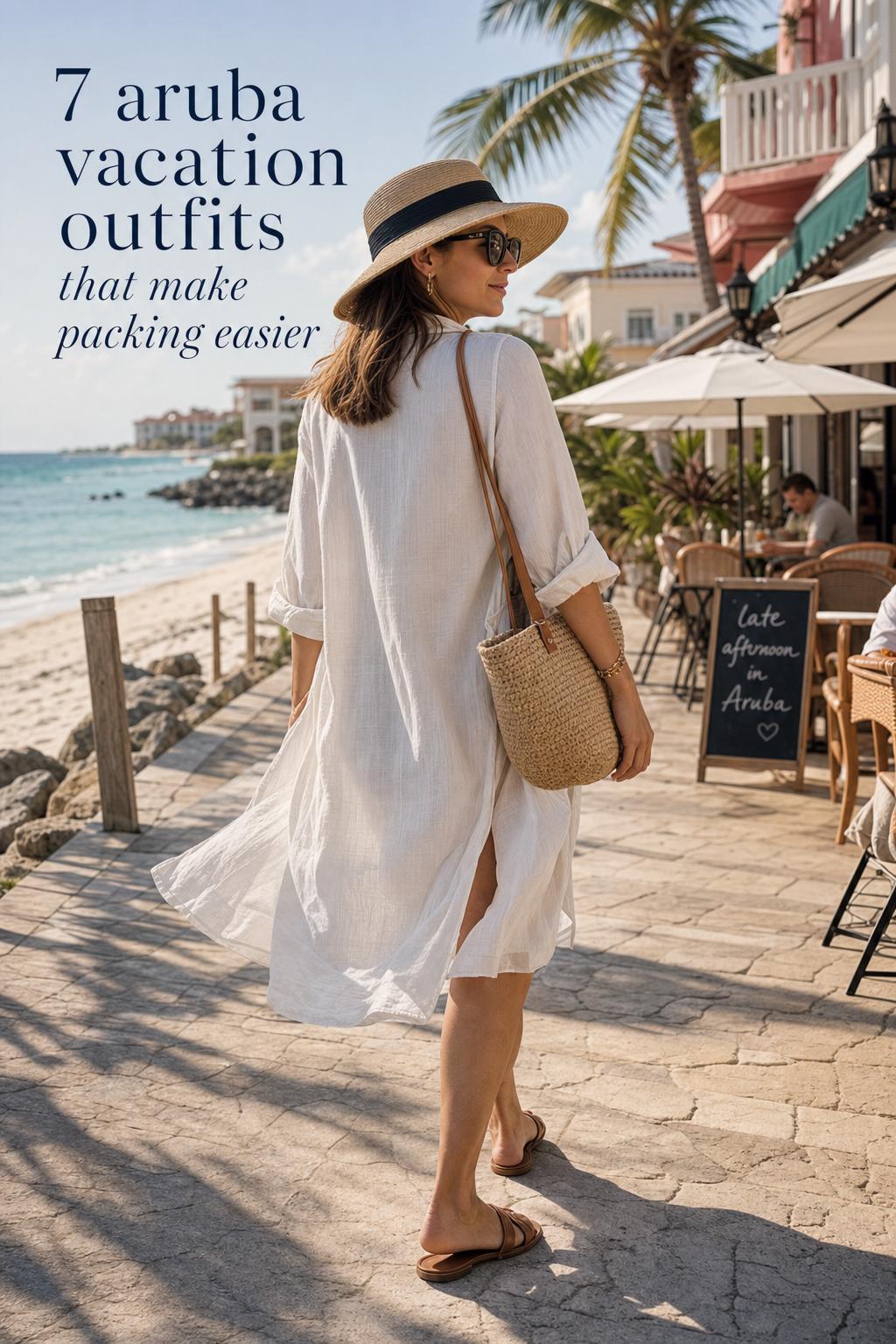 Aruba Vacation Outfits for Beach to Dinner Aruba vacation outfits styling with linen cover-up, sun hat and woven tote on a beach-to-cafe promenade walk
