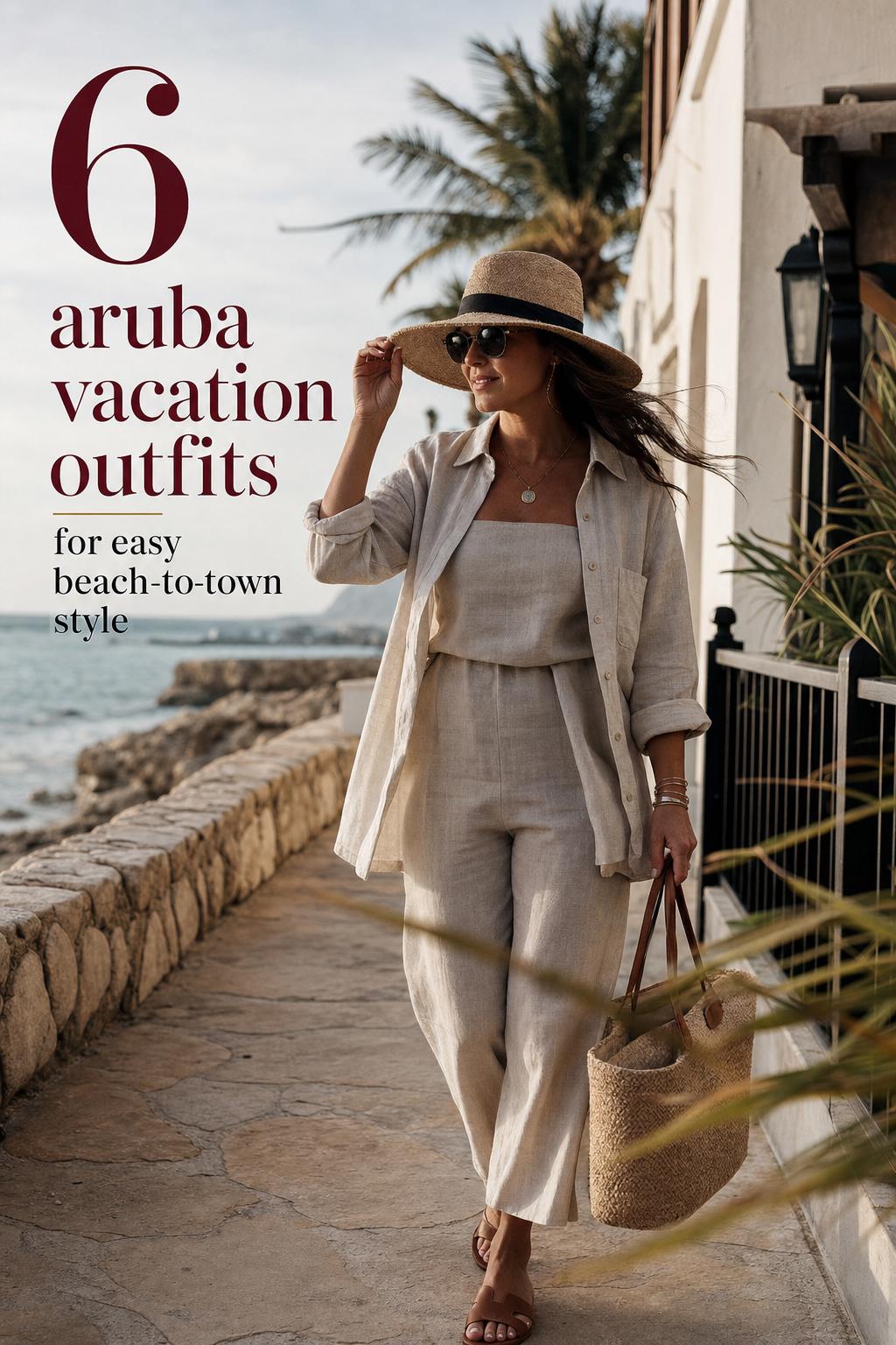 Aruba Vacation Outfits Linen Resort Look Aruba vacation outfits on an adult woman in a linen button-up, sun hat and woven tote on a beachside promenade at golden hour