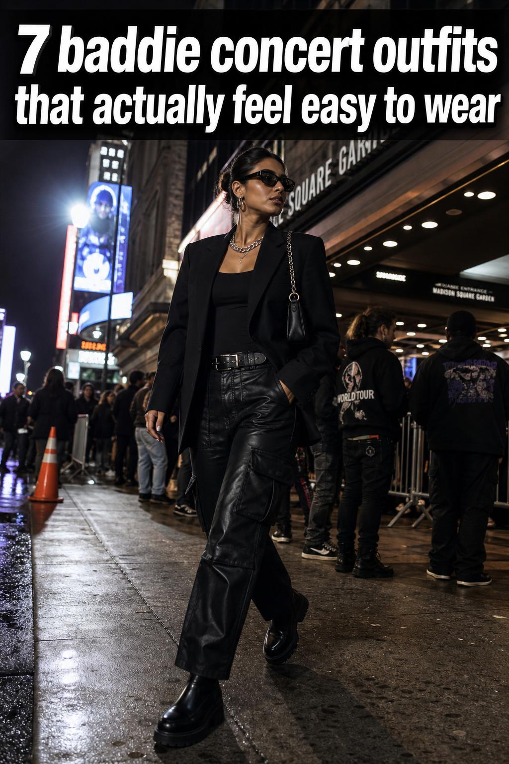 Baddie Concert Outfits Night Street Style Baddie concert outfits with a chic black crop top, leather skirt, and statement boots in a nighttime street-style look