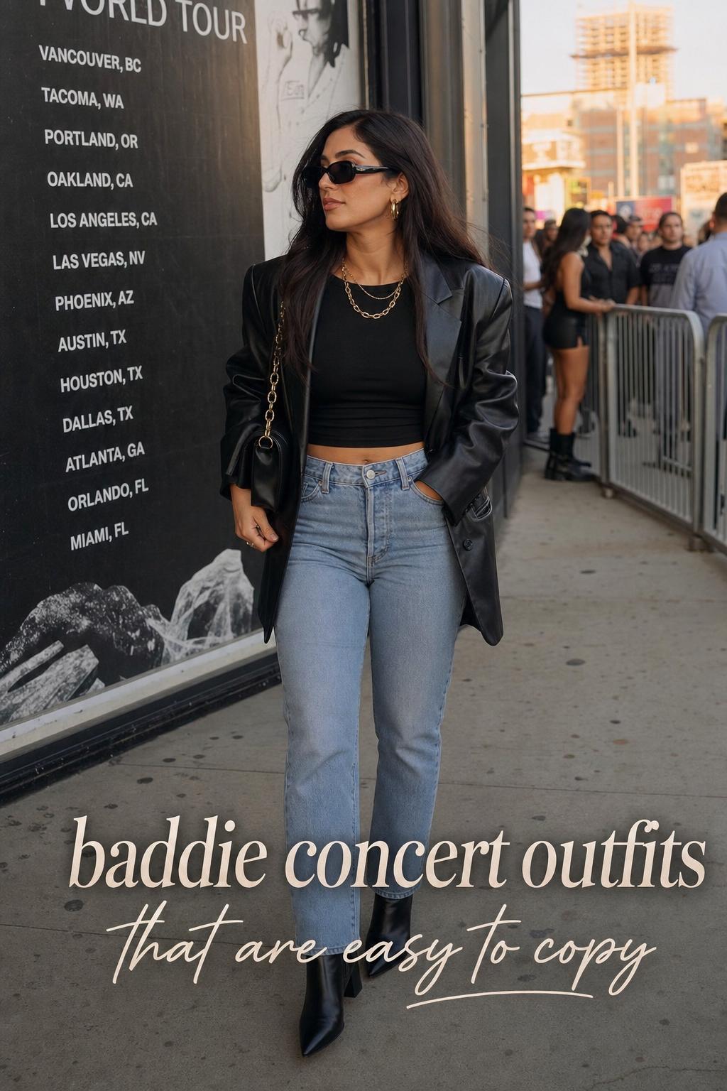 Baddie Concert Outfits at the Venue Entrance Baddie concert outfits street-style photo of a woman in blazer and jeans outside an arena entrance at golden hour