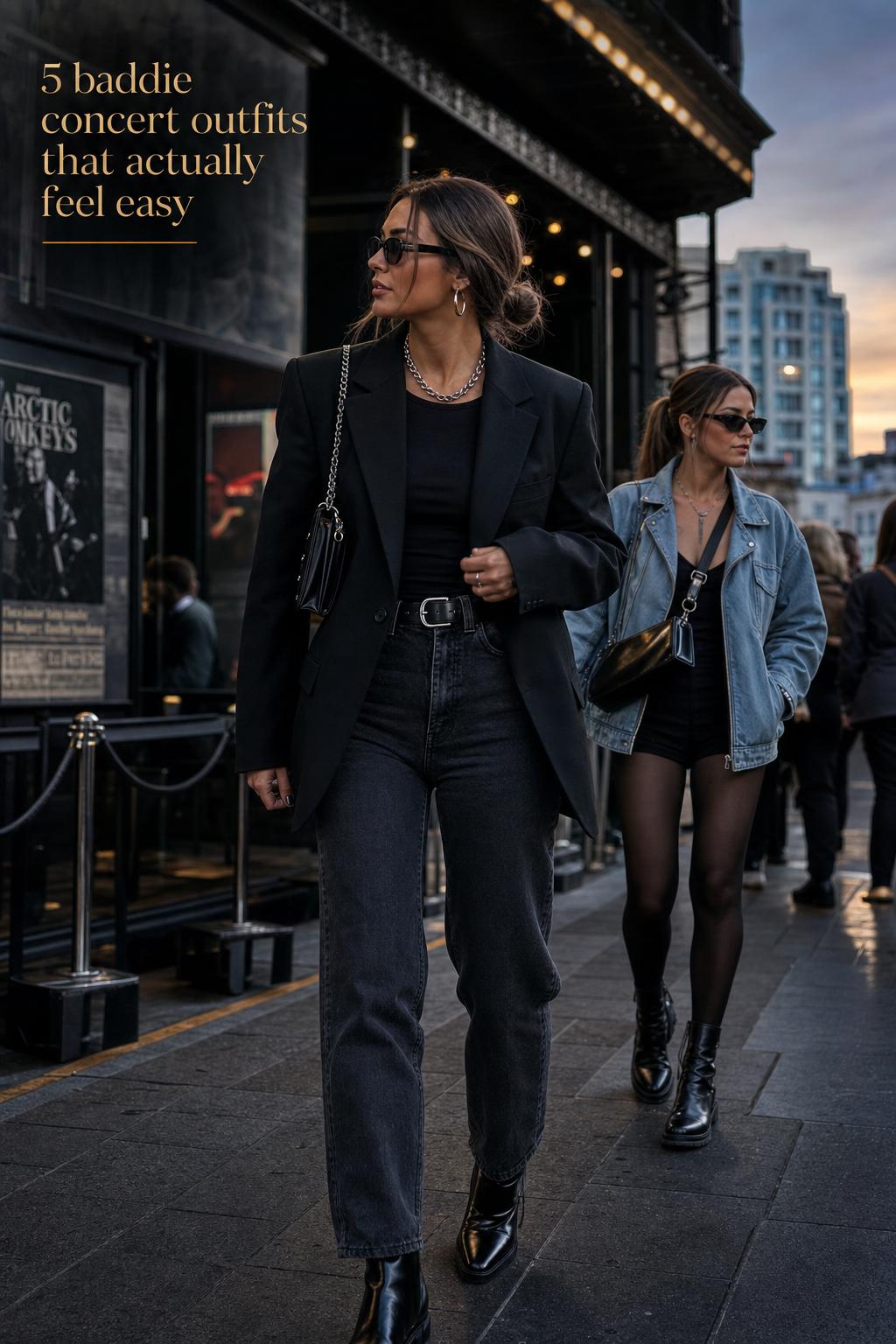 Baddie Concert Outfits Street Style at Dusk Adult woman in blazer and dark denim outside venue at dusk, street-style baddie concert outfits inspiration