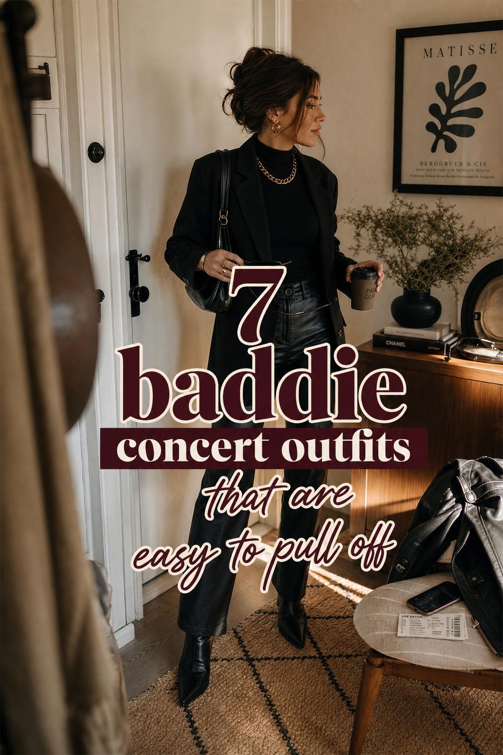 7 Baddie Concert Outfits Easy to Pull Off Baddie concert outfits idea: woman in black blazer and dark pants getting ready by apartment entryway in warm golden light