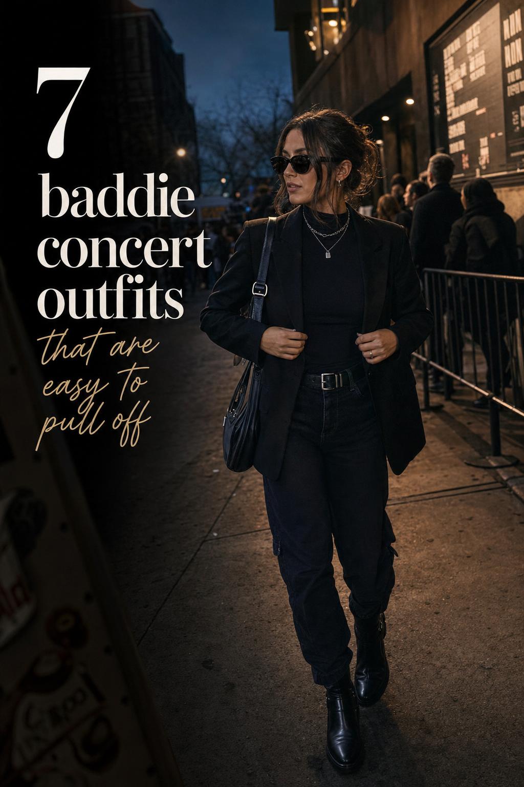 7 Baddie Concert Outfits Easy to Pull Off Baddie concert outfits street style: woman in black blazer and dark jeans outside a live music venue at blue hour.