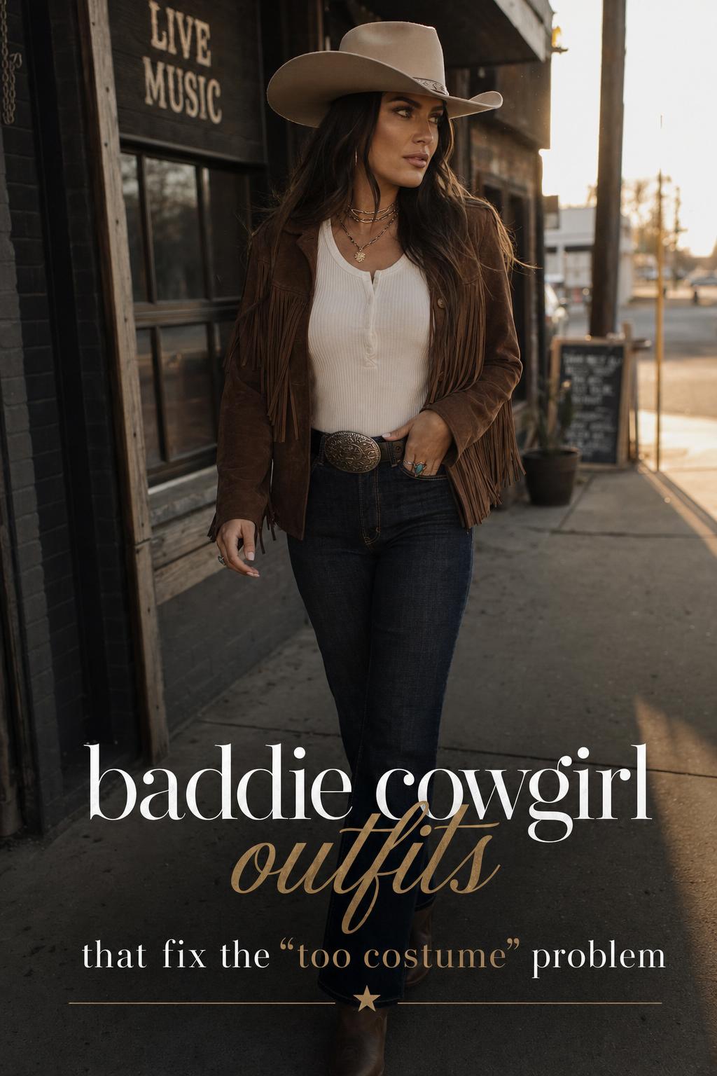 Baddie Cowgirl Outfits Editorial Street Style Editorial street-style photo of baddie cowgirl outfits with denim, suede fringe jacket, cowboy hat, and boots at golden hour