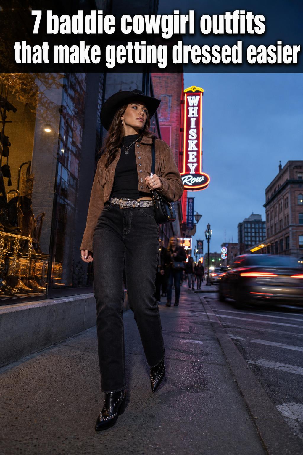 Baddie Cowgirl Outfits in Modern Western Style Baddie cowgirl outfits with a modern western look, featuring a stylish cowgirl hat, denim, and boots