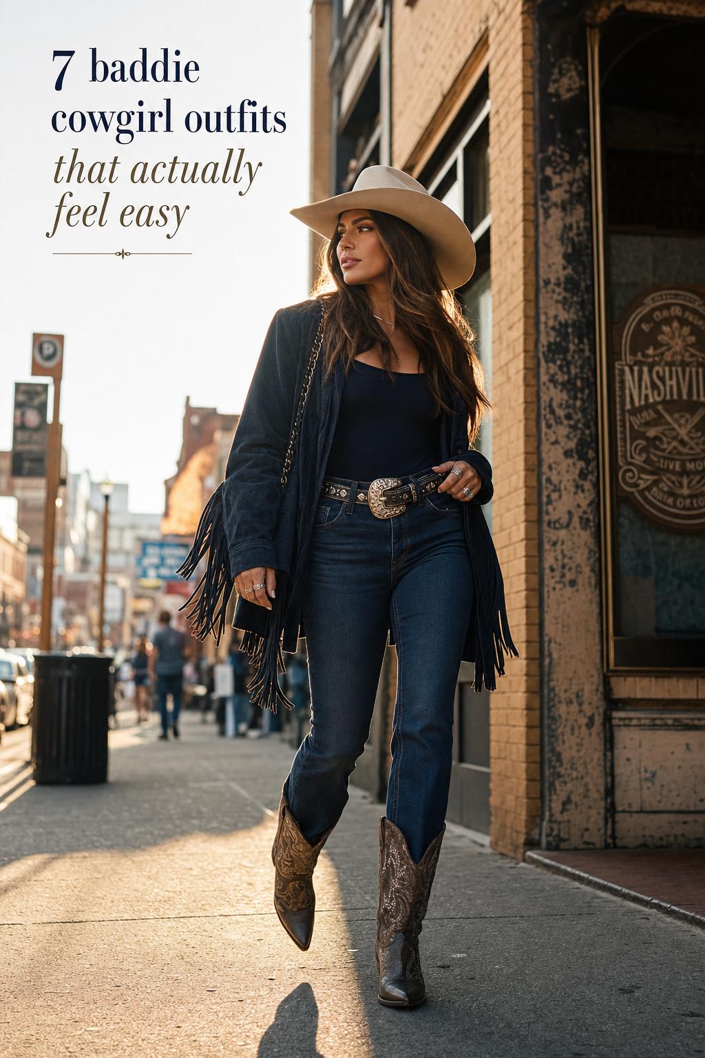 Baddie cowgirl outfits street style in Nashville Baddie cowgirl outfits street style look in Nashville at golden hour with dark denim, cowboy hat, and western boots