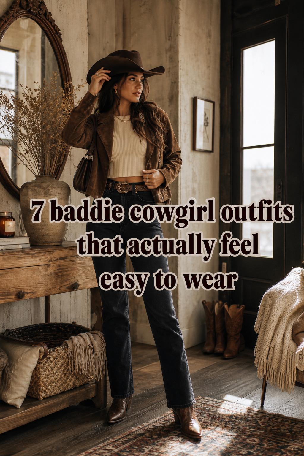 7 Baddie Cowgirl Outfits That Feel Easy to Wear Woman in urban loft entryway wearing baddie cowgirl outfits with denim, suede jacket, cowboy hat, and Western boots in warm light