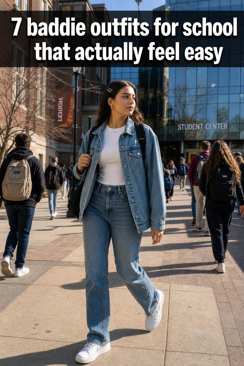 Baddie outfits for school featuring a stylish teen in a blazer, pleated skirt, and sneakers in a bright hallway