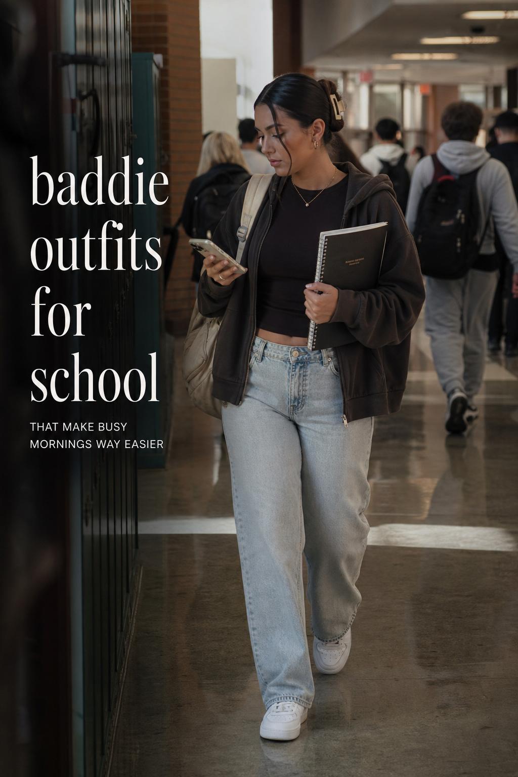 Adult woman walking through a school hallway in baddie outfits for school, layered hoodie, straight-leg jeans, sneakers, backpack