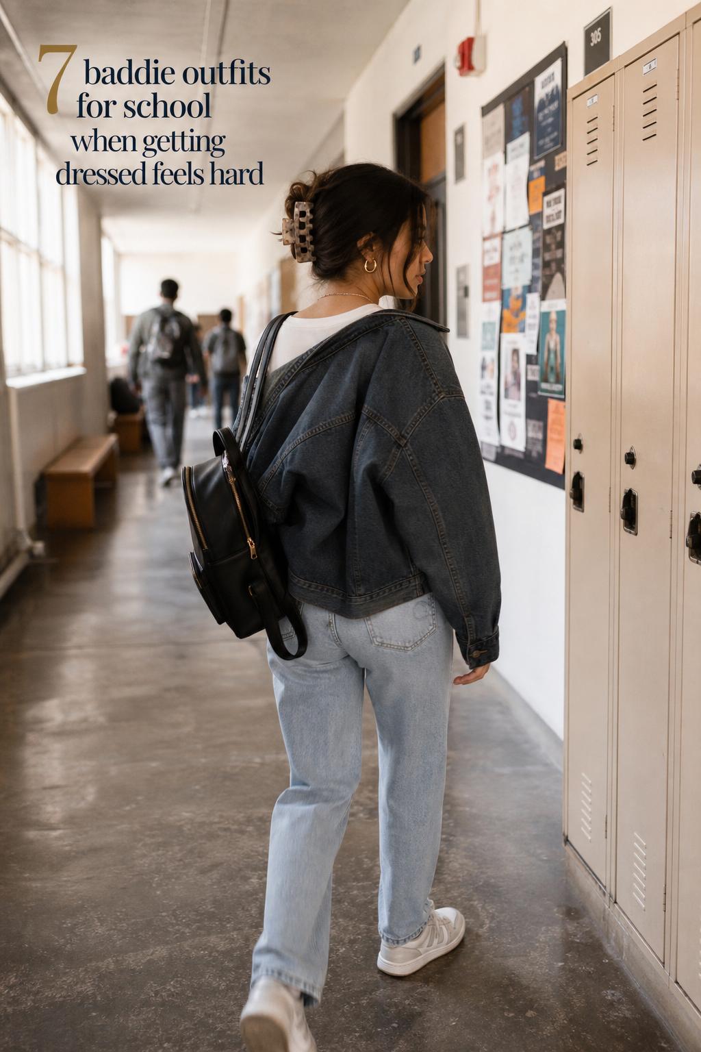 Adult woman walking in college hallway wearing baddie outfits for school with jeans, bomber jacket, sneakers and backpack