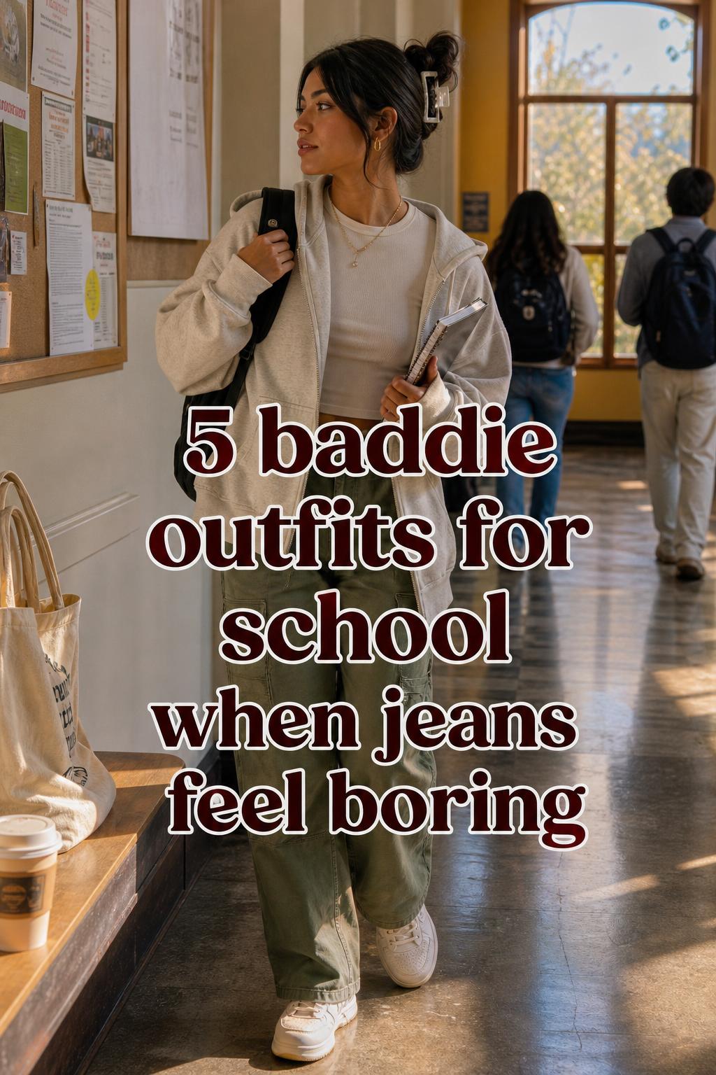 Baddie outfits for school in a warm college hallway, adult woman in jeans and hoodie with sneakers, backpack and notebooks