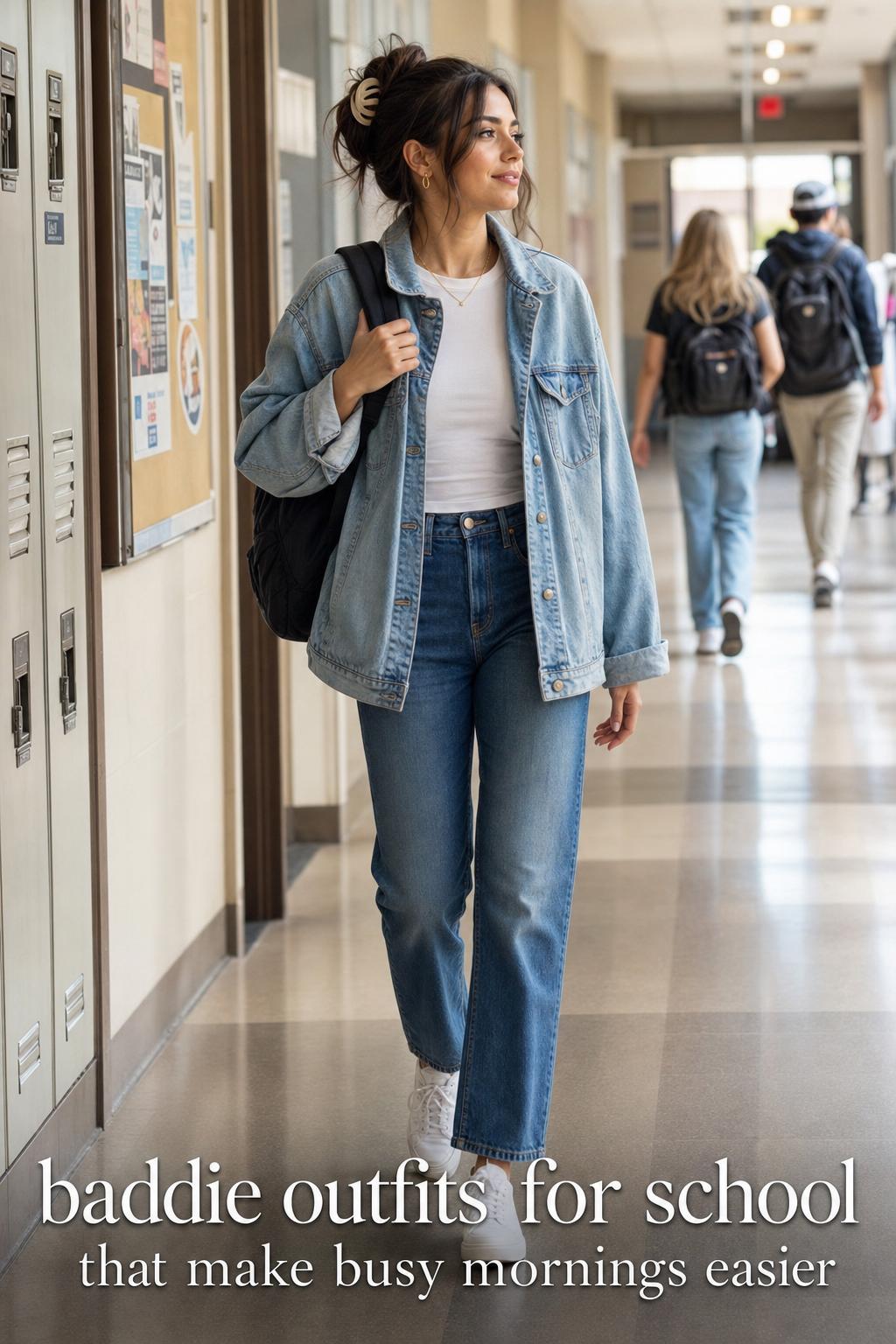 Baddie outfits for school: adult woman in denim jacket, straight-leg jeans and white sneakers walking a bright campus hallway