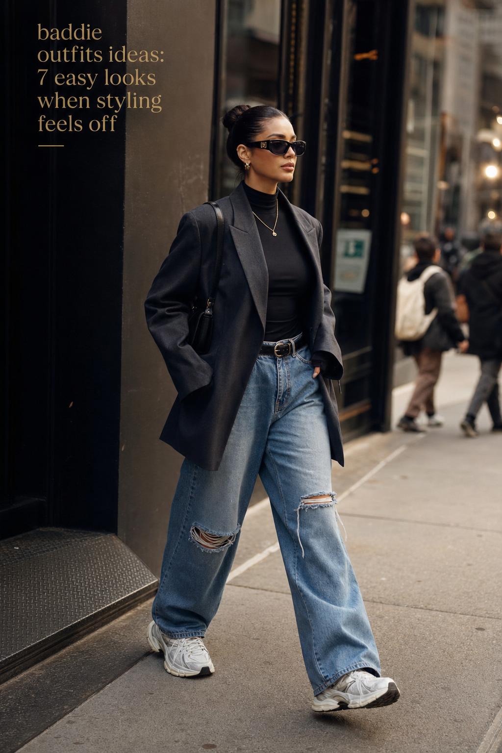 Baddie Outfits Ideas: Street-Style Editorial Look Baddie outfits ideas street-style look with oversized blazer, high-neck top, baggy jeans and chunky sneakers in a modern city scene