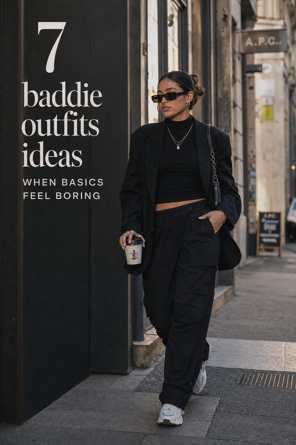 Baddie Outfits Ideas Street-Style Editorial Look Baddie outfits ideas street-style photo of an adult woman in a blazer and cargo pants at golden hour in the city
