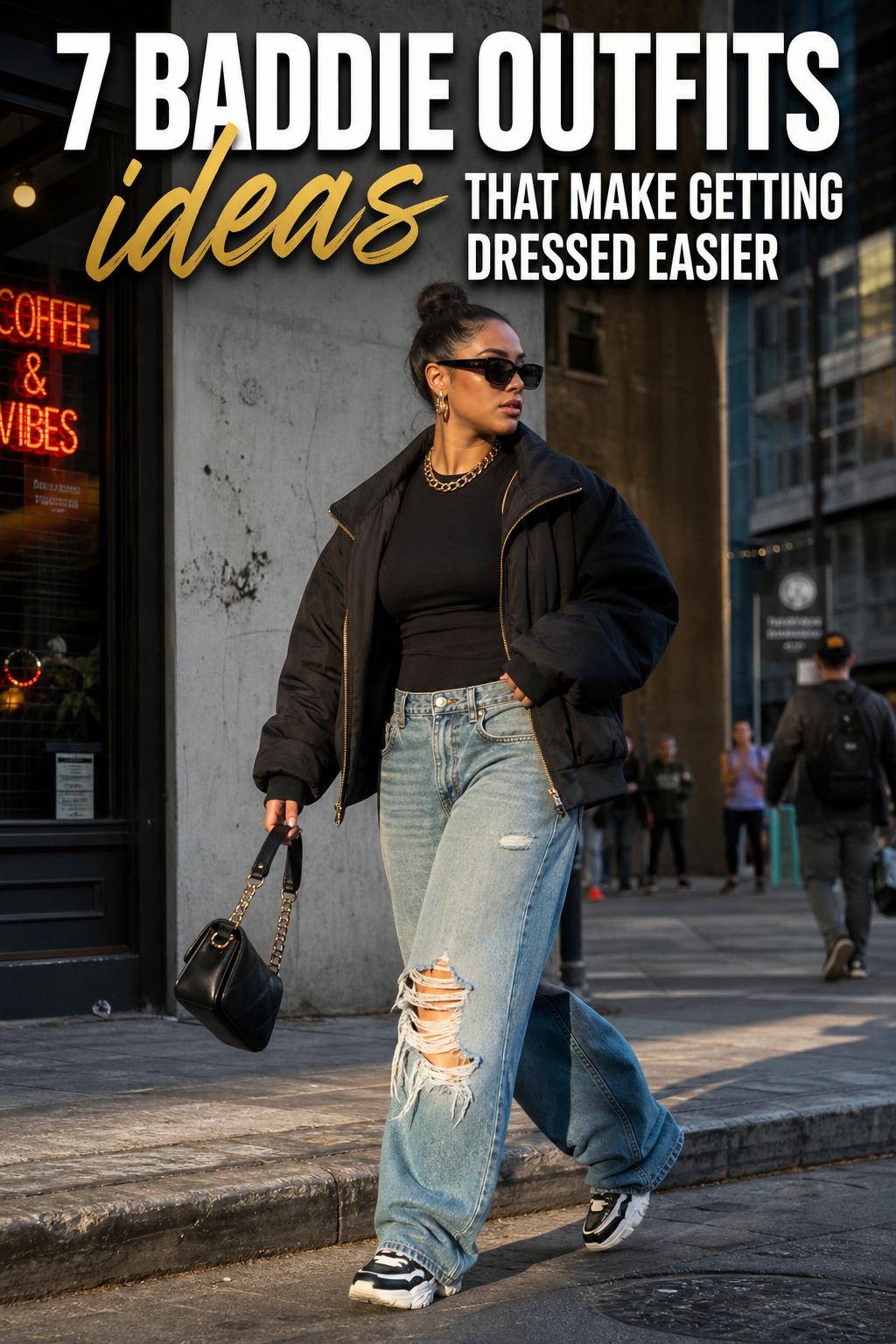 Baddie Outfits Ideas Street Style Look Street style photo featuring baddie outfits ideas with a cropped jacket, mini skirt, and sleek sunglasses