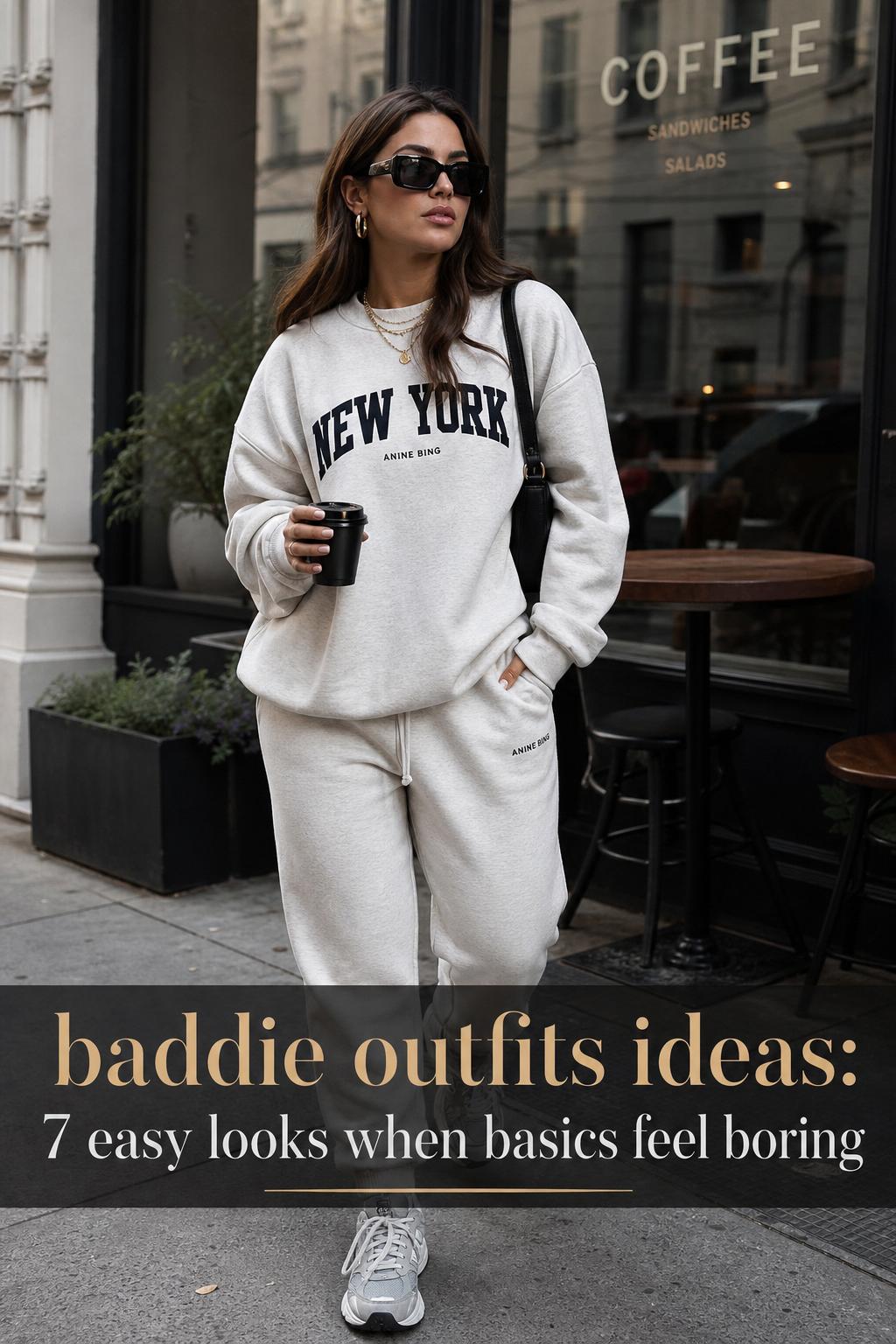 Baddie Outfits Ideas: 7 Easy Street-Style Looks Baddie outfits ideas street style photo of a woman in an oversized sweatshirt, bike shorts and chunky sneakers by a cafe