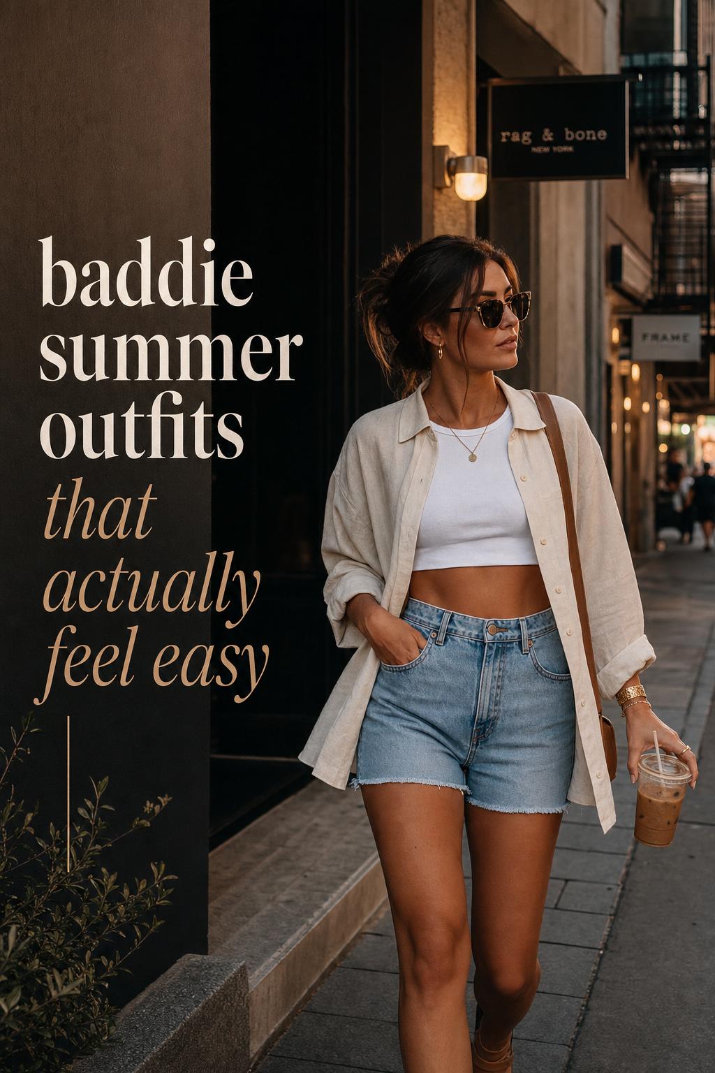 Baddie summer outfits street style on an adult woman in a warm city evening, layered neutral look with bold text overlay