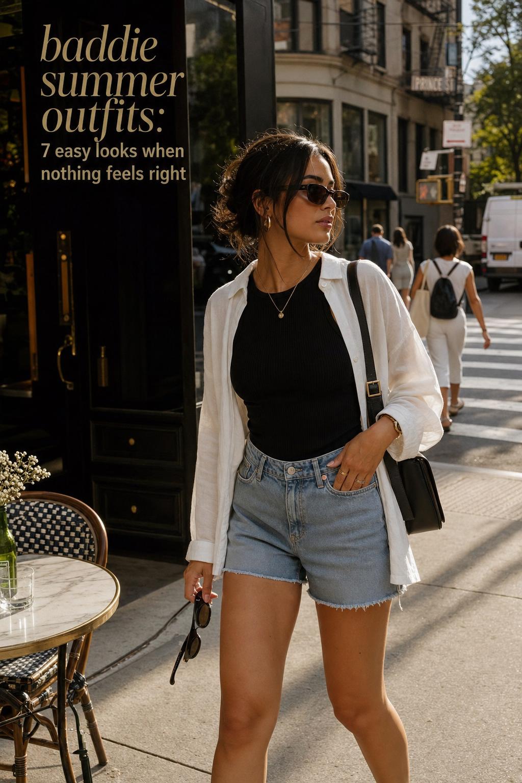 Baddie summer outfits street style: adult woman in linen shirt, sleeveless top, denim shorts walking past a city cafe at golden hour.