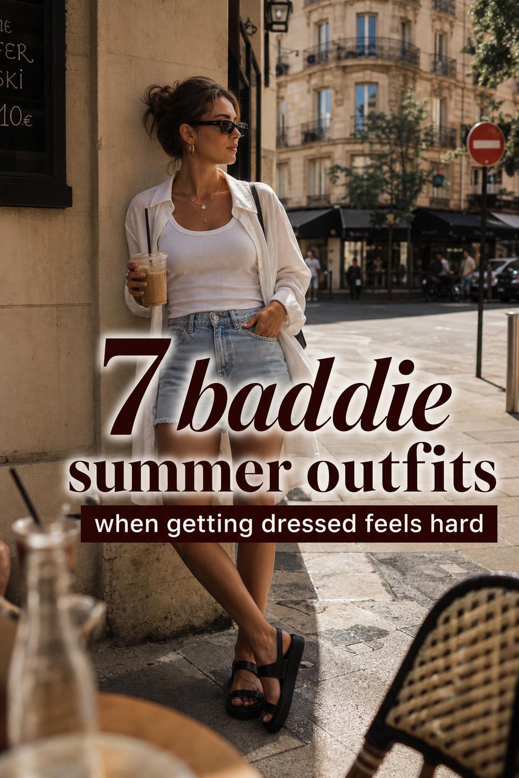 Baddie summer outfits street style: adult woman in linen shirt, tank and denim shorts with iced coffee at golden hour