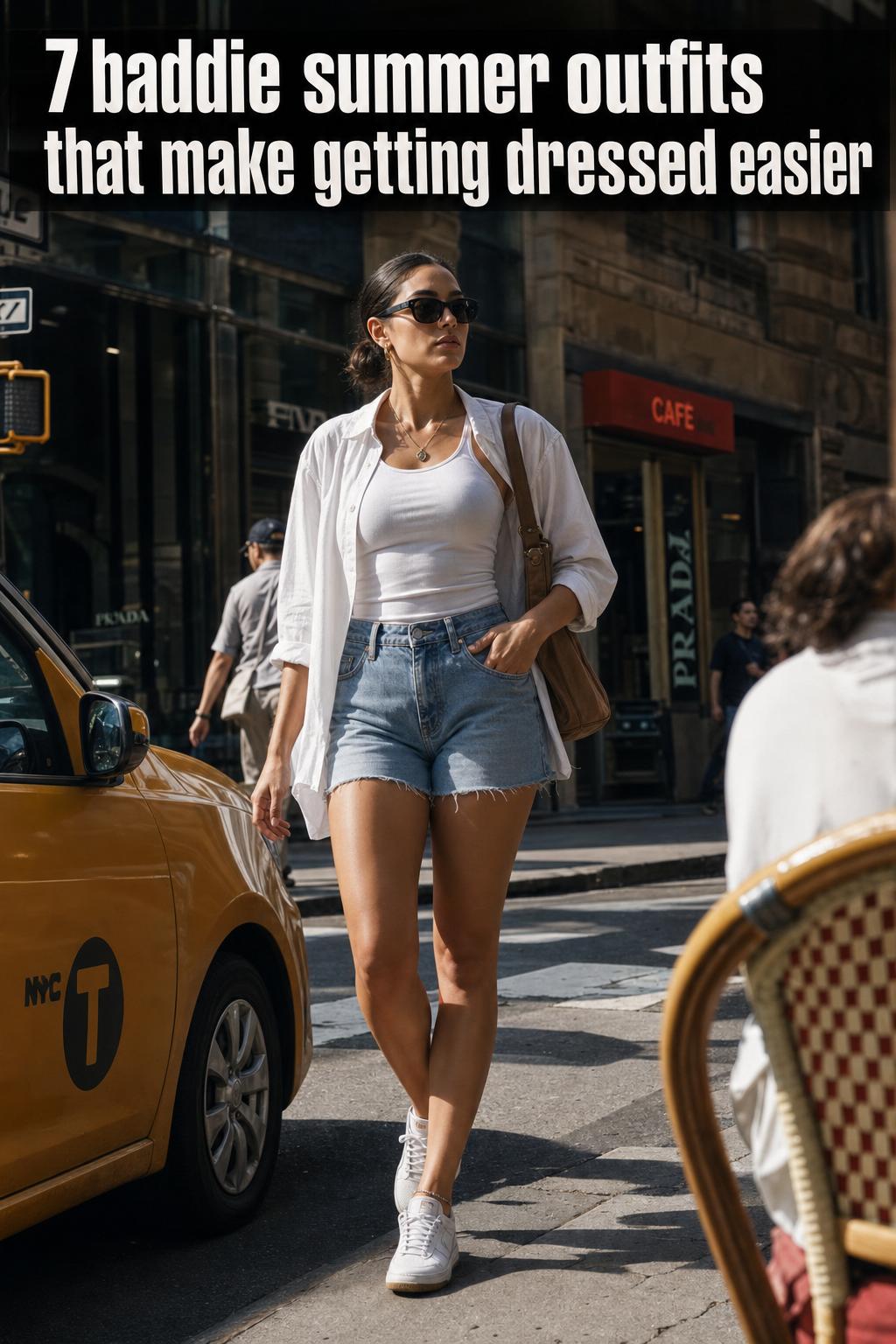 Baddie summer outfits styled in a chic streetwear look, featuring trendy crop top, shorts, and accessories in sunlight