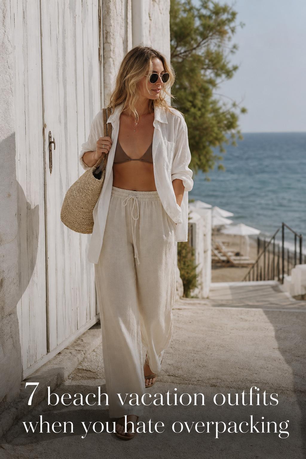 Beach Vacation Outfits in Breezy Resort Wear Beach vacation outfits inspiration: woman in ivory linen shirt and sandals walking by a sunny seaside boardwalk with woven bag