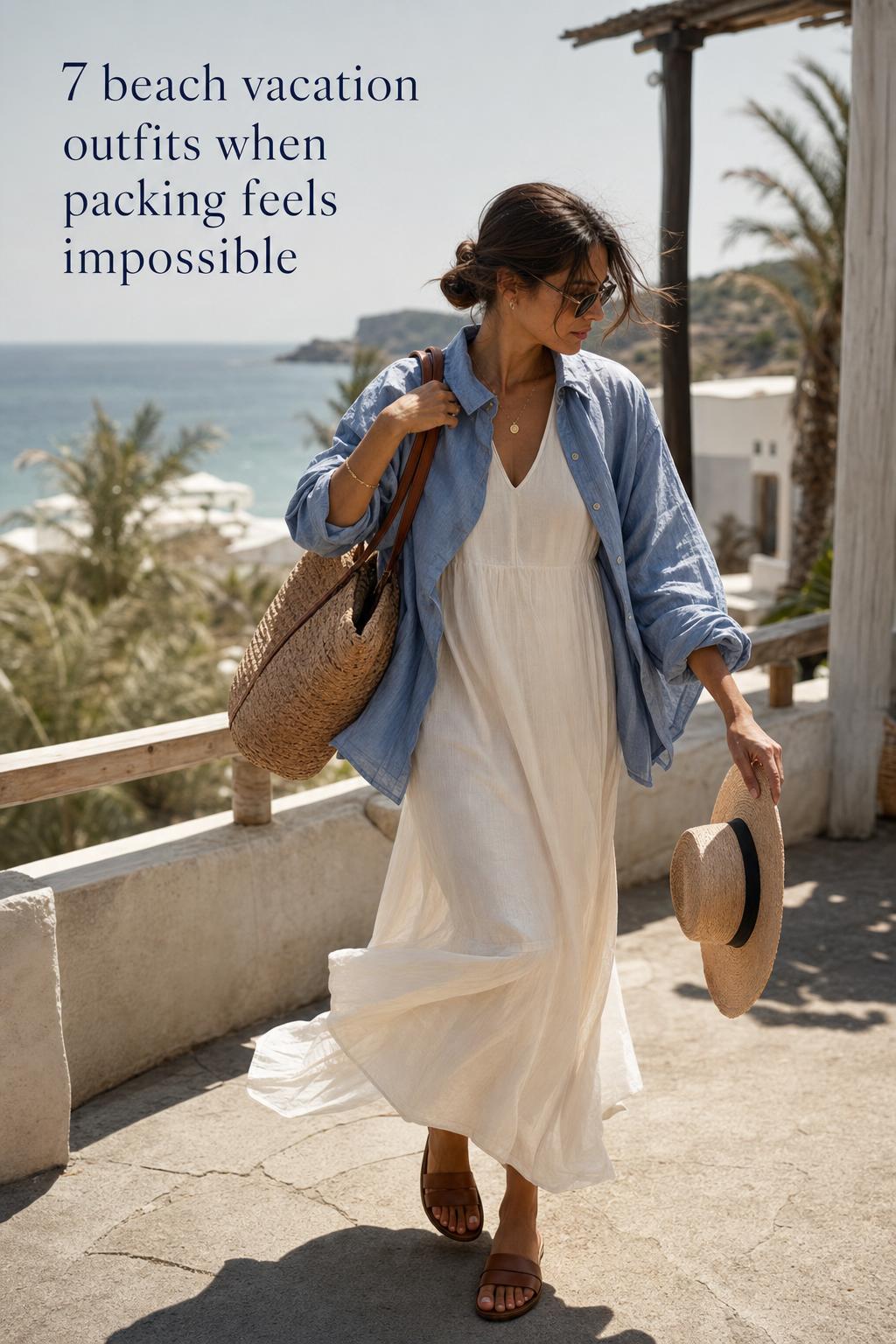 Beach Vacation Outfits on a Luxury Coastal Terrace Beach vacation outfits: woman in linen dress and blue shirt walking on a luxury coastal terrace with woven tote and sun hat